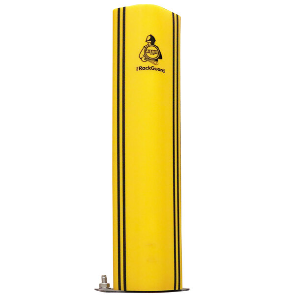 A yellow A-Safe RackGuard with black stripes on a yellow cylinder.