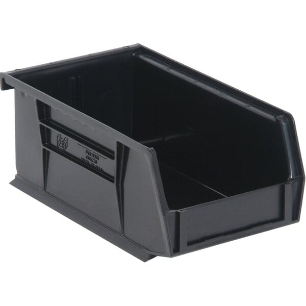 A Quantum black plastic hanging bin with a handle.