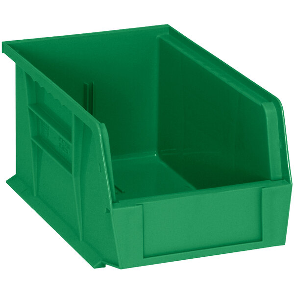 A Quantum green plastic hanging bin with a handle.