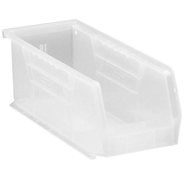 A Quantum clear plastic bin with a lid.