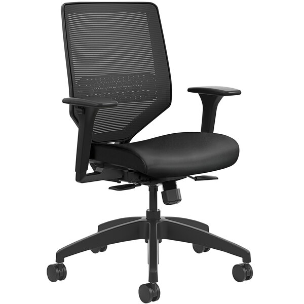 A black HON Solve mid-back office chair with black vinyl upholstery and arms.