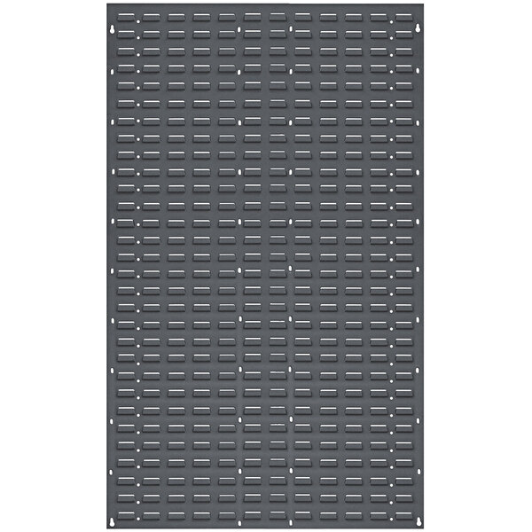 A grey steel louvered panel with rectangular holes.