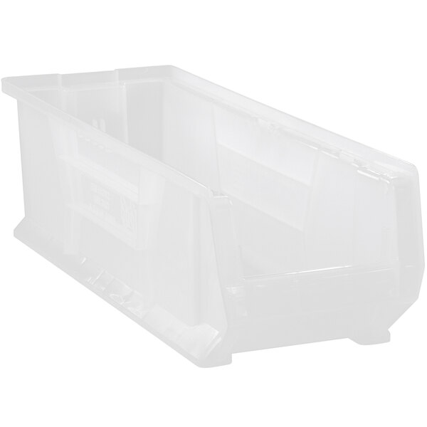 A clear plastic Quantum storage bin with a lid.