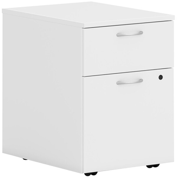 A HON Simply White mobile pedestal file cabinet with a file drawer on wheels.