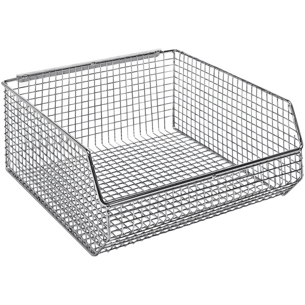 A Quantum chrome wire mesh bin with a wire handle.