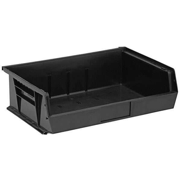 A black plastic Quantum hanging bin with a handle.