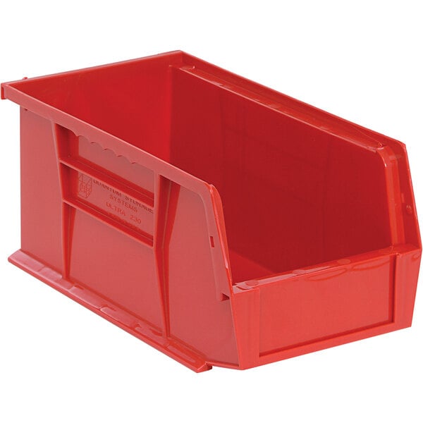 A red plastic Quantum hanging bin with a handle.