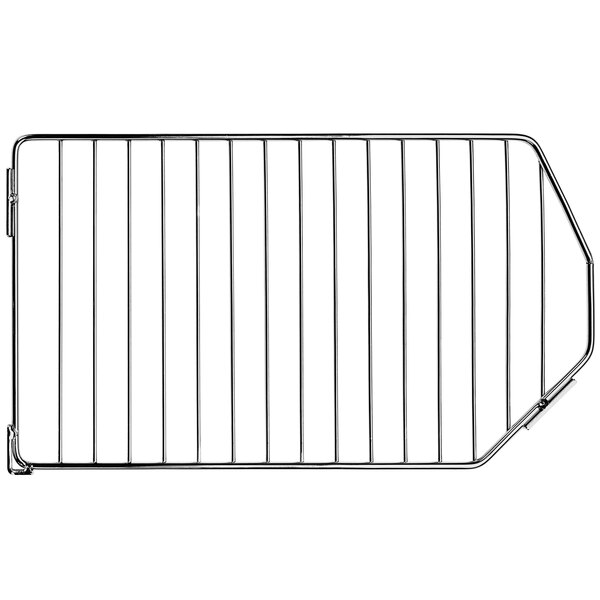 A Quantum chrome wire mesh bin divider on a metal rack.