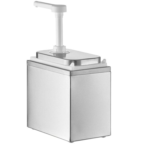 A stainless steel square container with a white lid.