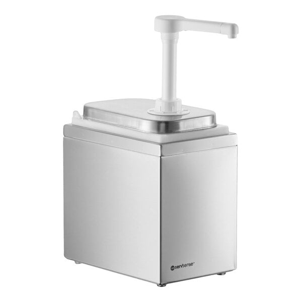 A stainless steel condiment dispenser with a single plastic pump for 1 oz. portions.