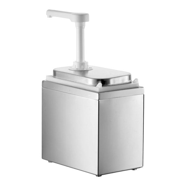 A stainless steel condiment dispenser with a single plastic pump for 1 oz. portions.