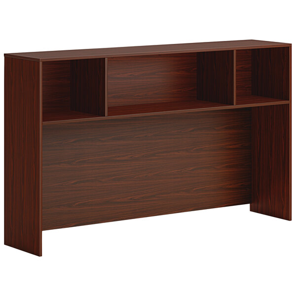 A traditional mahogany wood desk hutch with shelves.