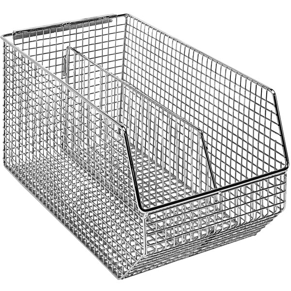 A Quantum chrome wire divider for wire mesh bins with three compartments.