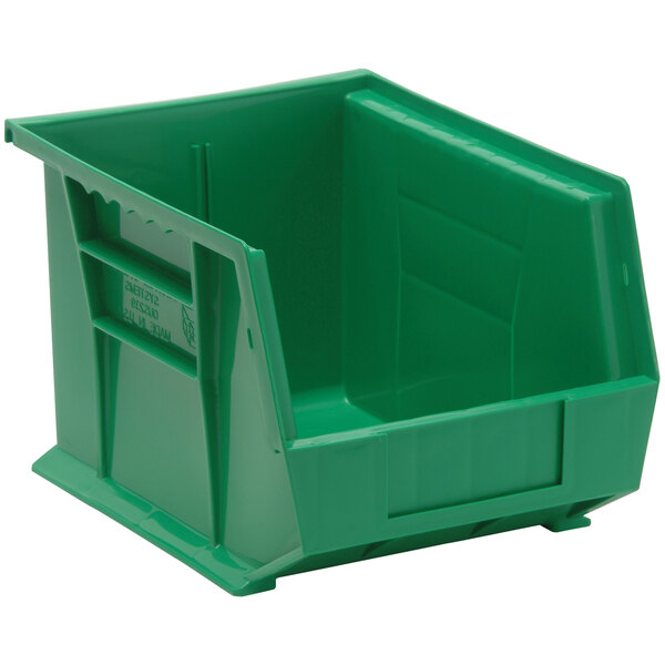 A Quantum green plastic hanging bin with a handle.