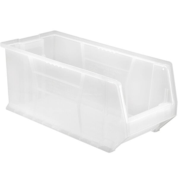 A Quantum clear plastic bin with a clear lid.