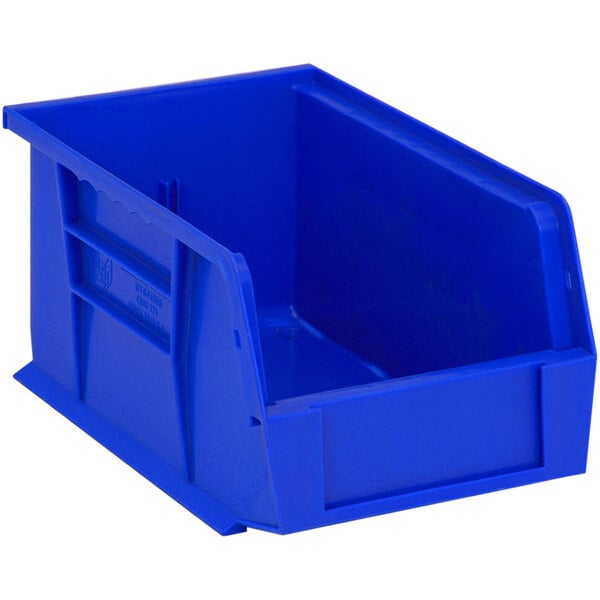 A blue plastic Quantum hanging bin with a handle.