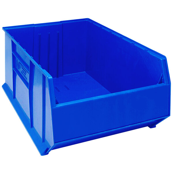 A Quantum blue plastic storage bin.