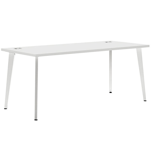 A white rectangular HON Voi desk with white metal legs.