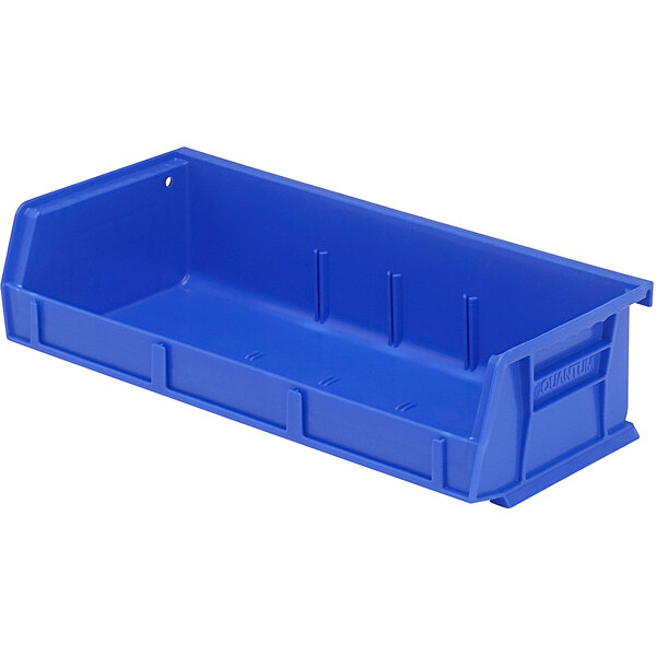 A Quantum blue plastic hanging bin with holes and a handle.