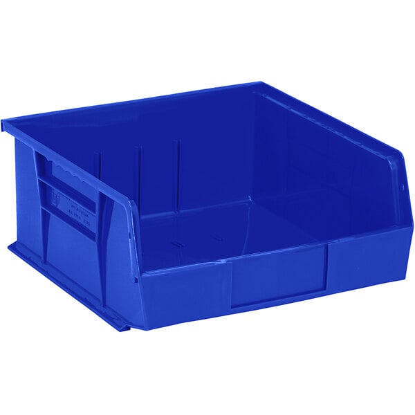 A blue plastic Quantum hanging bin.