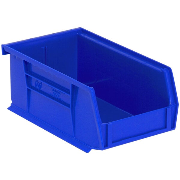 A blue Quantum hanging bin with a handle.