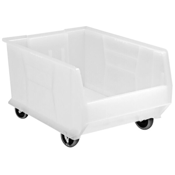 A Quantum clear plastic storage bin with black wheels.