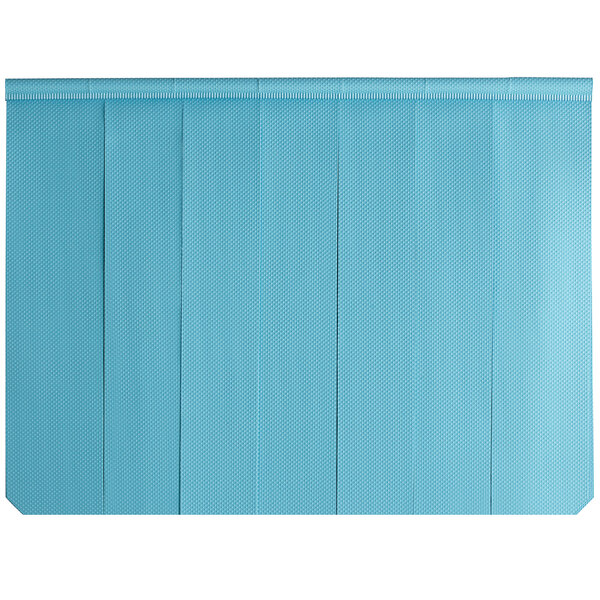 A blue curtain with white vertical lines on it.