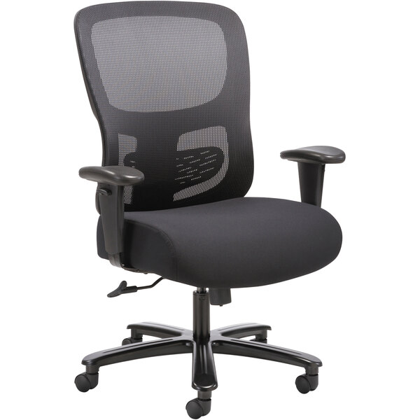 A black HON office chair with mesh back and arms.