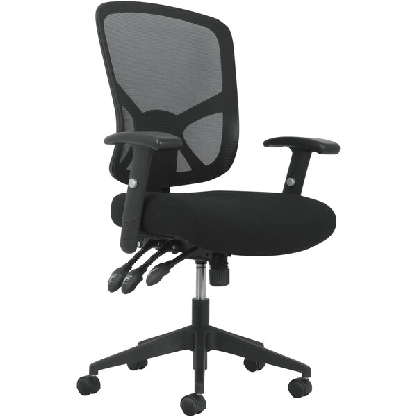 A black HON Sadie office chair with adjustable arms and a mesh back.