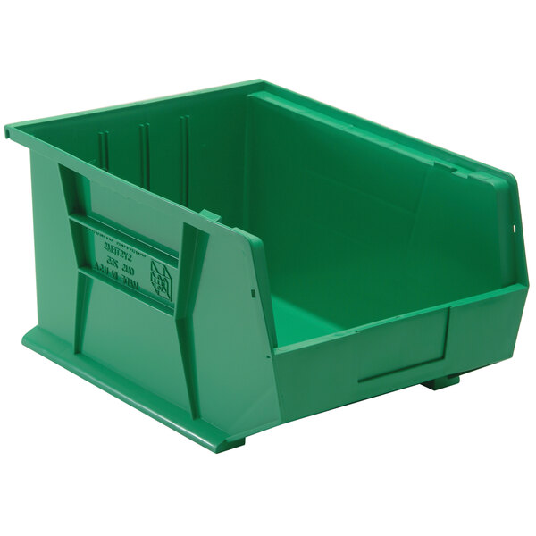 A Quantum green plastic hanging bin with a handle.