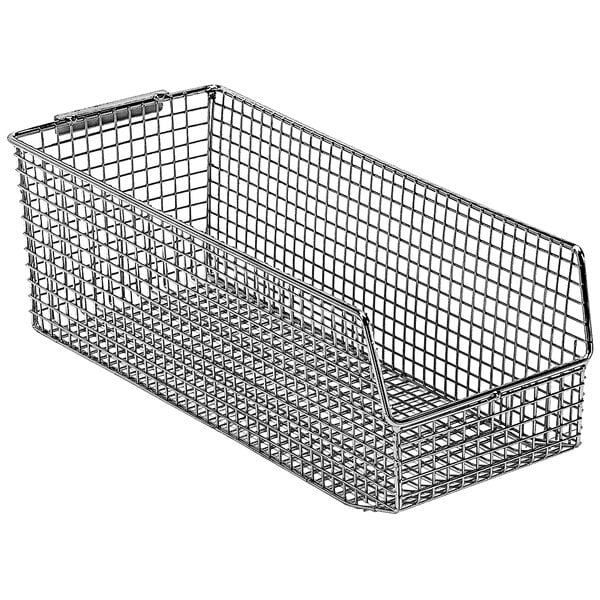 A Quantum chrome wire mesh bin with a wire handle.