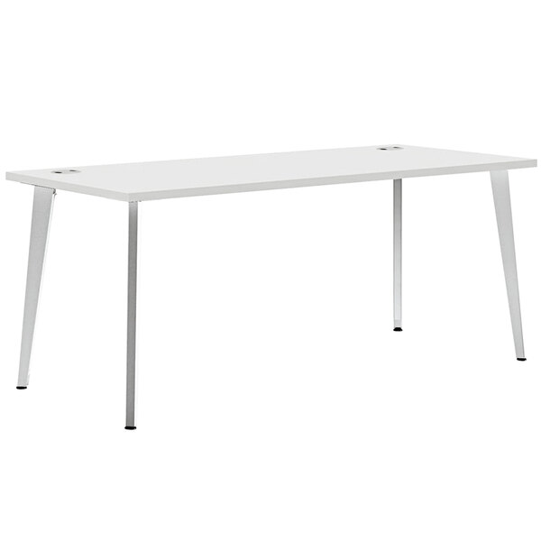 A white rectangular table with metal legs.