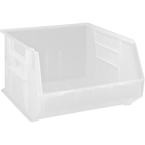 A clear plastic Quantum storage bin with a lid.