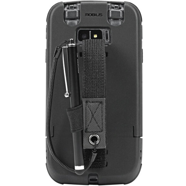 A black Mobilis Protech Pack reinforced protective case for a Honeywell mobile computer with a black strap attached.