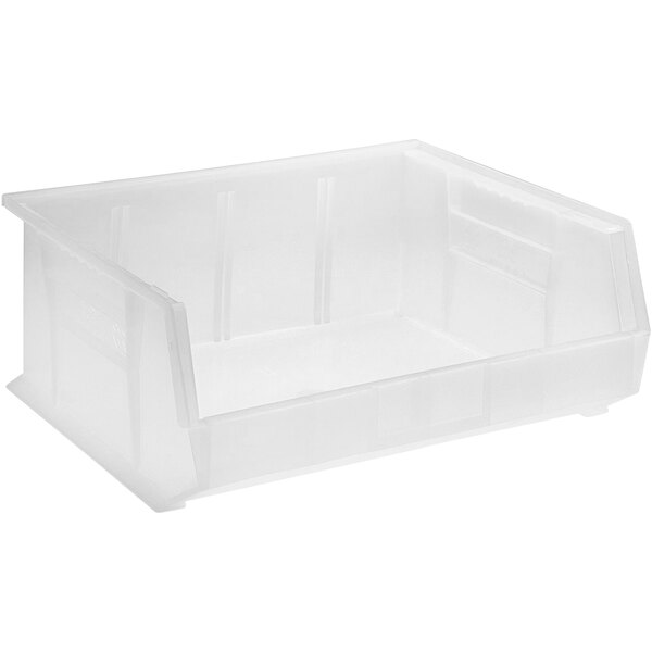 A Quantum clear plastic hanging bin with a handle.