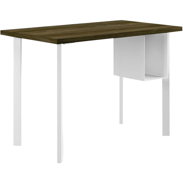 A white and brown HON Coze desk with U-Storage shelves.