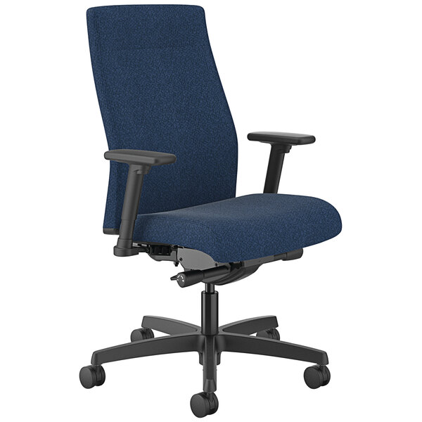 A navy HON mid-back office chair with black wheels and arms.