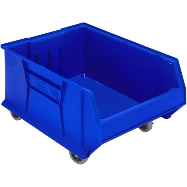 A Quantum blue plastic storage bin with wheels.