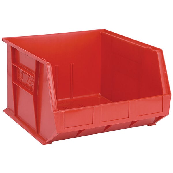 A Quantum red plastic hanging bin.