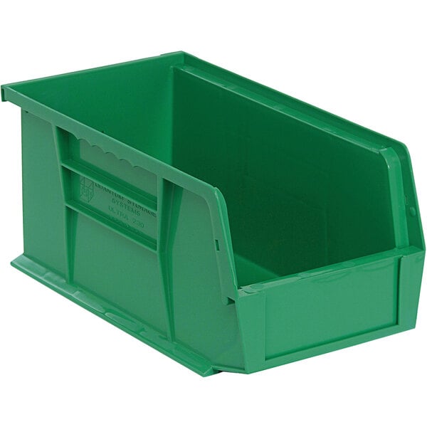 A green plastic Quantum hanging bin with a handle.