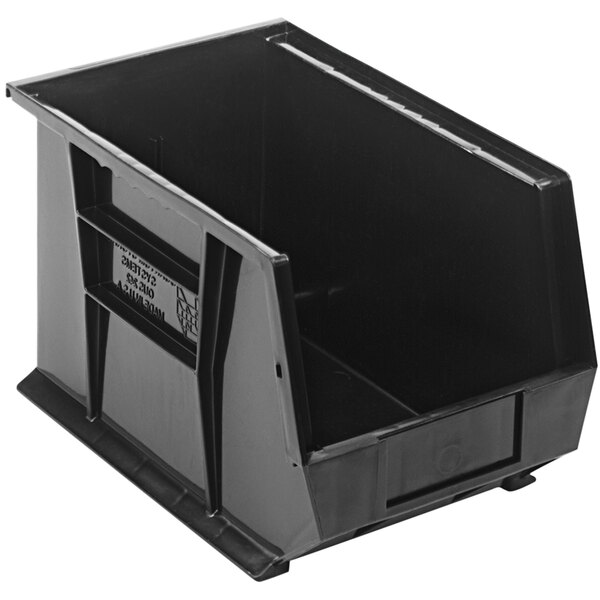 A black plastic Quantum hanging bin with a handle.