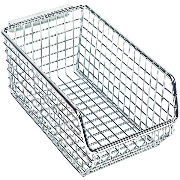 A Quantum chrome wire mesh bin with a handle.