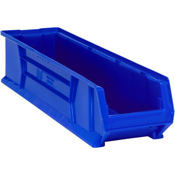 A Quantum blue plastic bin with a handle.