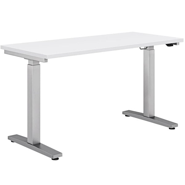 A white table with silver metal legs.