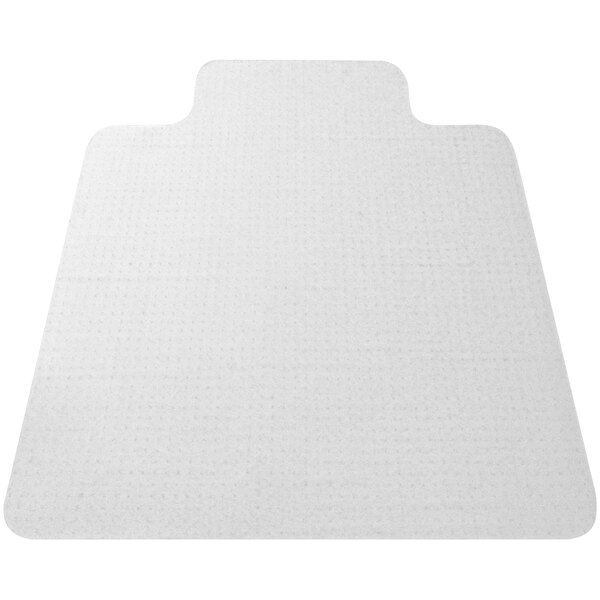A clear vinyl chair mat with a curved edge and studded surface.