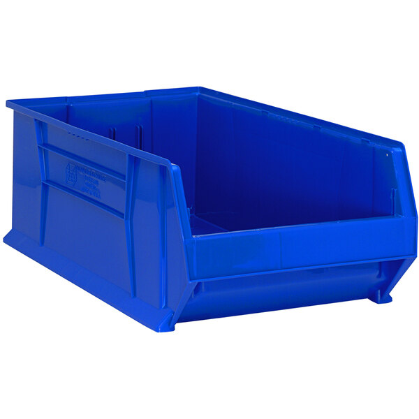 A Quantum blue plastic bin with a lid.