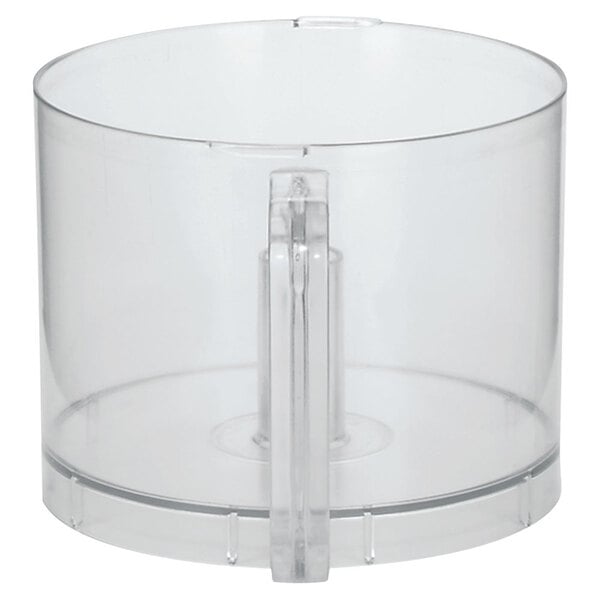 A clear plastic Waring batch bowl with a handle.