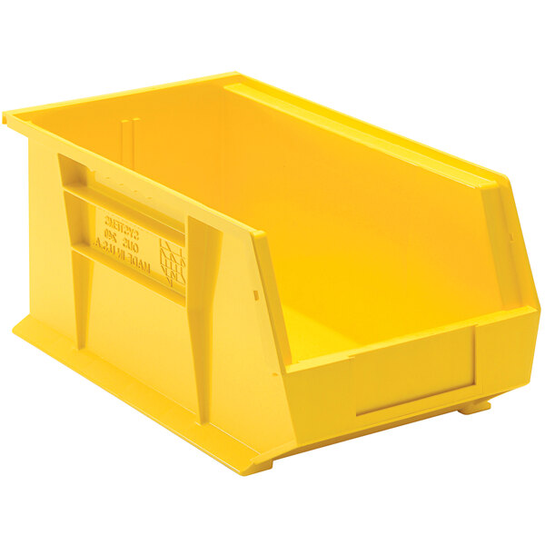 A yellow plastic Quantum hanging bin with a handle and a lid.