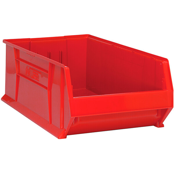 A Quantum red plastic bin with a lid.