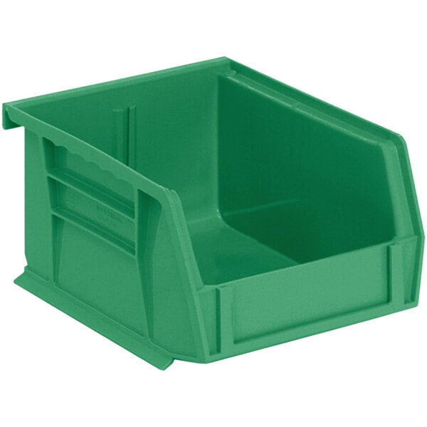 A green plastic Quantum hanging bin with a handle.